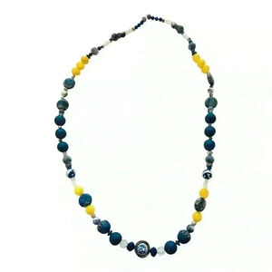 Handmade Blue, Yellow, and White Beaded Necklace (length 11.5 inches)